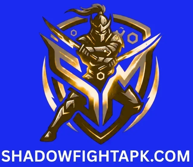 Shadow Fight-themed gaming logo with a gold armored warrior emblem and “SHADOWFIGHTAPK.COM” text on a blue background.