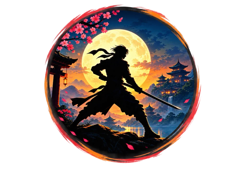 SEO Alt Text: Shadow Fight 2 MOD APK logo featuring a shadow warrior with a sword under a full moon.